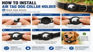 Step-by-step installation of an air tag dog collar holder on a pet collar.