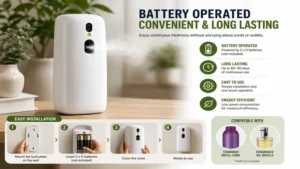Battery-operated automatic deodorizer dispenser with long-lasting performance and easy installation