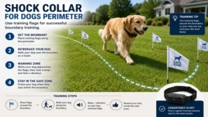 Shock collar for dogs perimeter used with training flags during the initial boundary training process.