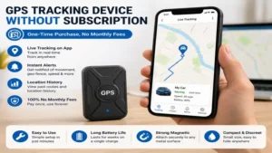 GPS tracking device without subscription connected to a mobile app showing live tracking data