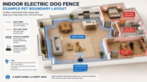Boundary layout of an indoor electric dog fence protecting restricted rooms and household areas.