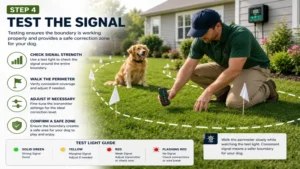 Electric dog fence installation testing the boundary signal to ensure reliable coverage and safe operation.