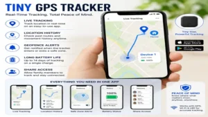 Tiny gps tracker connected to a mobile app displaying real-time location updates