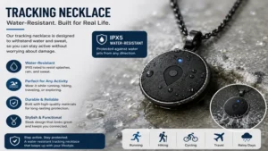 Tracking necklace with a durable water-resistant design for active lifestyles.