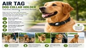 Happy dog wearing an air tag dog collar holder for reliable everyday location tracking.