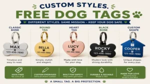 Different styles of free dog tags for dogs available for customization