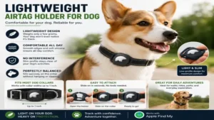 Lightweight airtag holder for dog installed on a dog collar for comfortable daily wear.