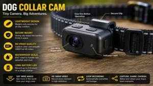 Close-up of a lightweight dog collar cam with secure mounting system