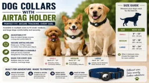 Dog collars with airtag holder available in multiple sizes for small, medium, and large dogs