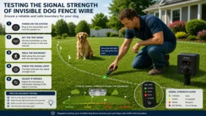 Technician testing the signal strength of invisible dog fence wire along the boundary path