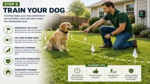 Electric dog fence installation training session helping a dog learn the invisible boundary using flags and positive reinforcement.