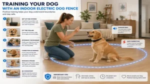 Pet owner training a dog to understand the indoor electric dog fence boundary using positive reinforcement.