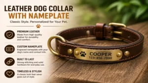 leather dog collar with nameplate securely attached for long-lasting identification