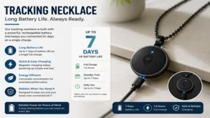 Tracking necklace designed with a long-lasting rechargeable battery for continuous tracking.