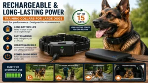 Rechargeable training collars for large dogs offering long battery life for daily training sessions.