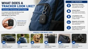 What does a tracker look like compared with everyday objects to show its compact size.