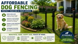 affordable dog fencing protecting both dogs and garden areas in a landscaped backyard.