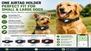 Adjustable airtag holder for dog compatible with collars for both small and large dogs.