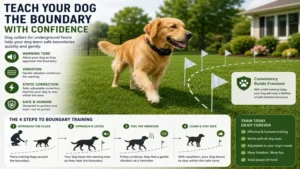 Dog collars for underground fence helping a dog learn property boundaries with training flags