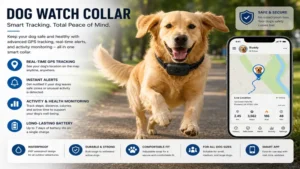 Dog watch collar highlighting smart tracking features, long battery life, and pet safety