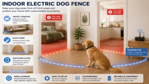 Indoor electric dog fence preventing a dog from entering off-limit rooms and protecting household spaces.