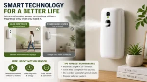 Smart motion sensor technology used in an automatic deodorizer dispenser for efficient fragrance release