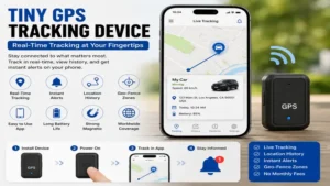 tiny gps tracking device connected to a smartphone app for live tracking and location updates.