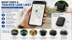 What does a tracker look like with its external design and key hardware components labeled.