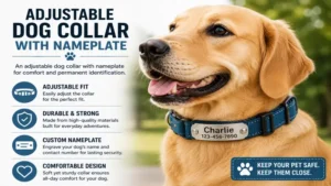 adjustable dog collar with nameplate providing comfort and permanent pet identification