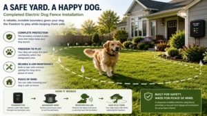 Electric dog fence installation completed successfully, providing a secure outdoor play area for dogs.