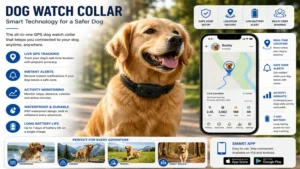 Dog watch collar worn by an active dog playing in a park with reliable GPS monitoring