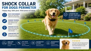 Happy dog staying within a safe yard using a shock collar for dogs perimeter training system.