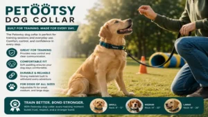 Petootsy dog collar being used during obedience training with a well-trained dog outdoors