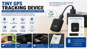 Rechargeable tiny gps tracking device featuring long battery life and compact portable design.