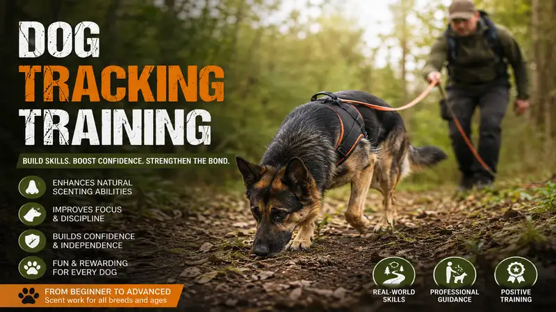 Professional dog tracking training session with a handler guiding a dog to follow a scent trail outdoors