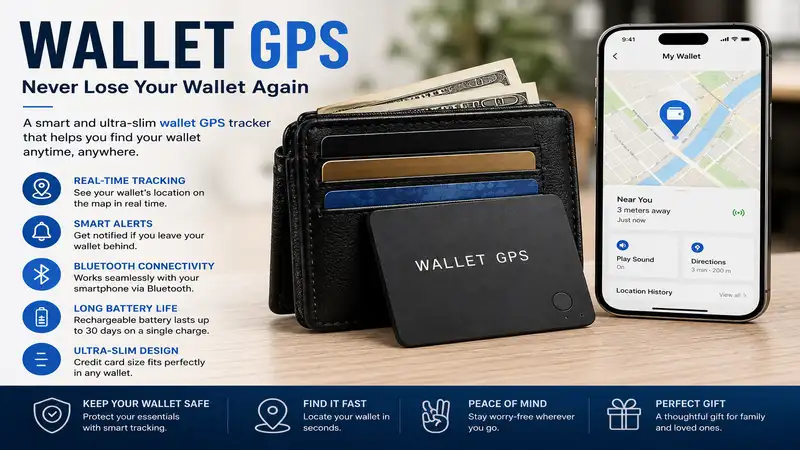 Compact wallet gps tracker designed to help locate a lost wallet quickly using a smartphone app.