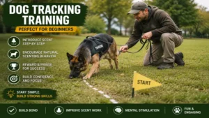 Beginner dog tracking training introducing a dog to a simple scent trail in a grassy field