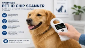Handheld pet ID chip scanner scanning a dog's implanted microchip for identification