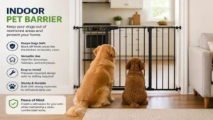 Indoor pet barrier separating dogs from restricted areas in a home