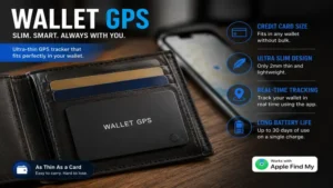 Slim wallet gps card tracker that fits inside a wallet without adding bulk.