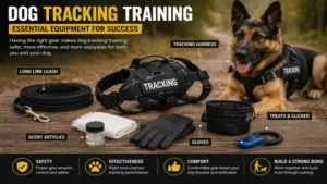 Essential equipment for dog tracking training including a tracking harness, long line leash, and scent articles