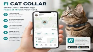 Fi cat collar connected to a mobile app for location tracking and activity monitoring
