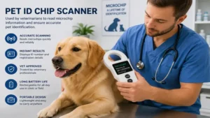 Veterinarian using a pet ID chip scanner to check a pet's microchip information