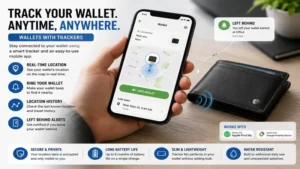 Wallets with trackers connected to a smartphone app showing the wallet's real-time location.