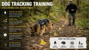 dog tracking training with a dog following a scent trail through a forest using its natural tracking instincts