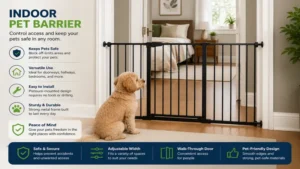 Indoor pet barrier installed across a doorway to control pet access
