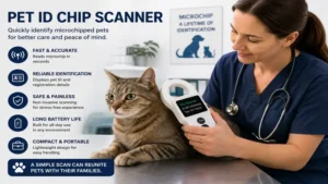 Pet ID chip scanner identifying a microchipped cat during a routine health examination