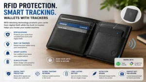 RFID-blocking wallets with trackers offering secure card protection and location tracking.