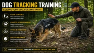 Professional handler guiding dog tracking training with clear commands and positive reinforcement