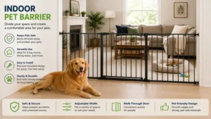 Indoor pet barrier dividing a living room to create a designated pet area